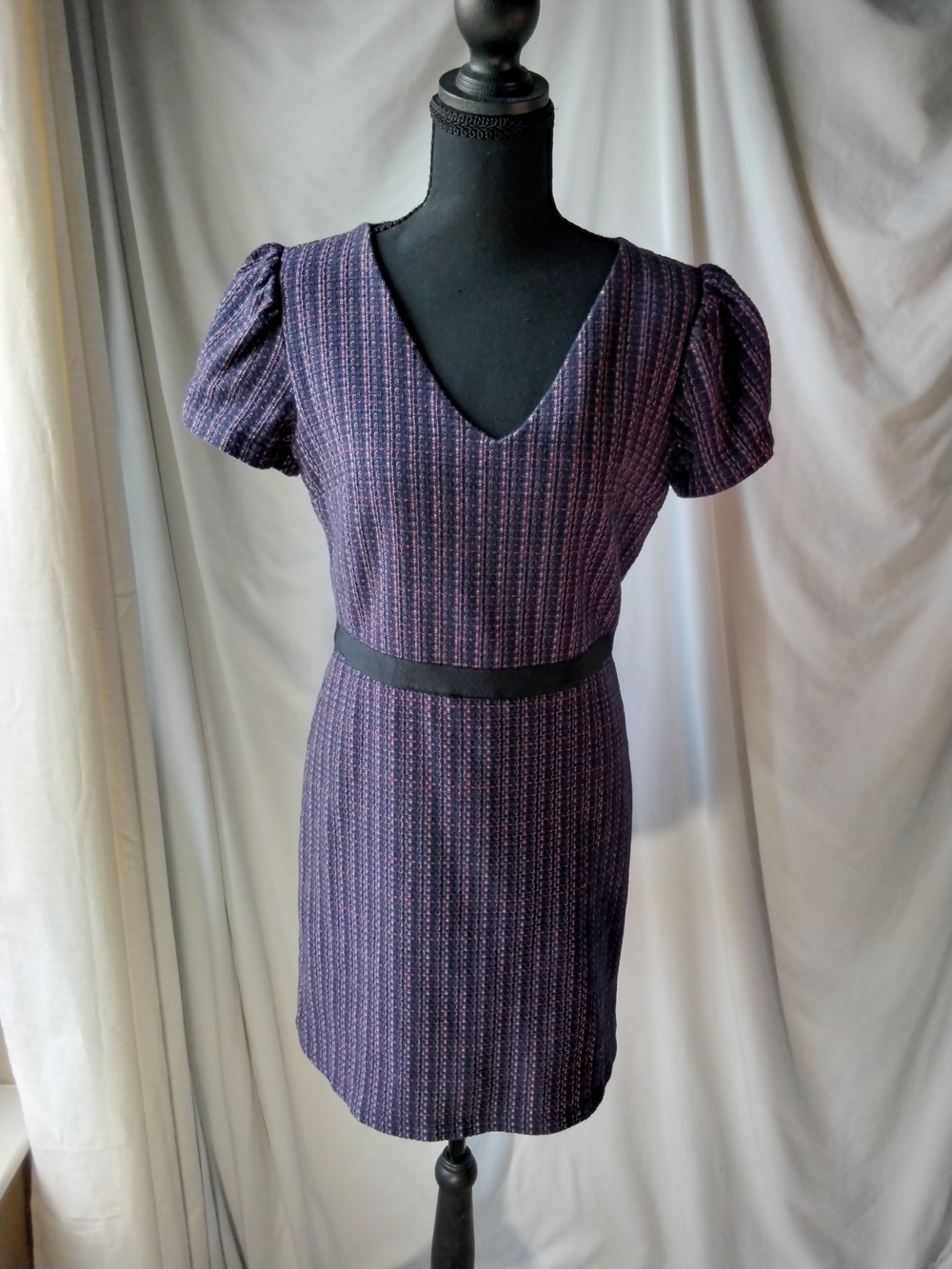 LOFT Purple Textured V-Neck Puff Sleeve Mini Dress